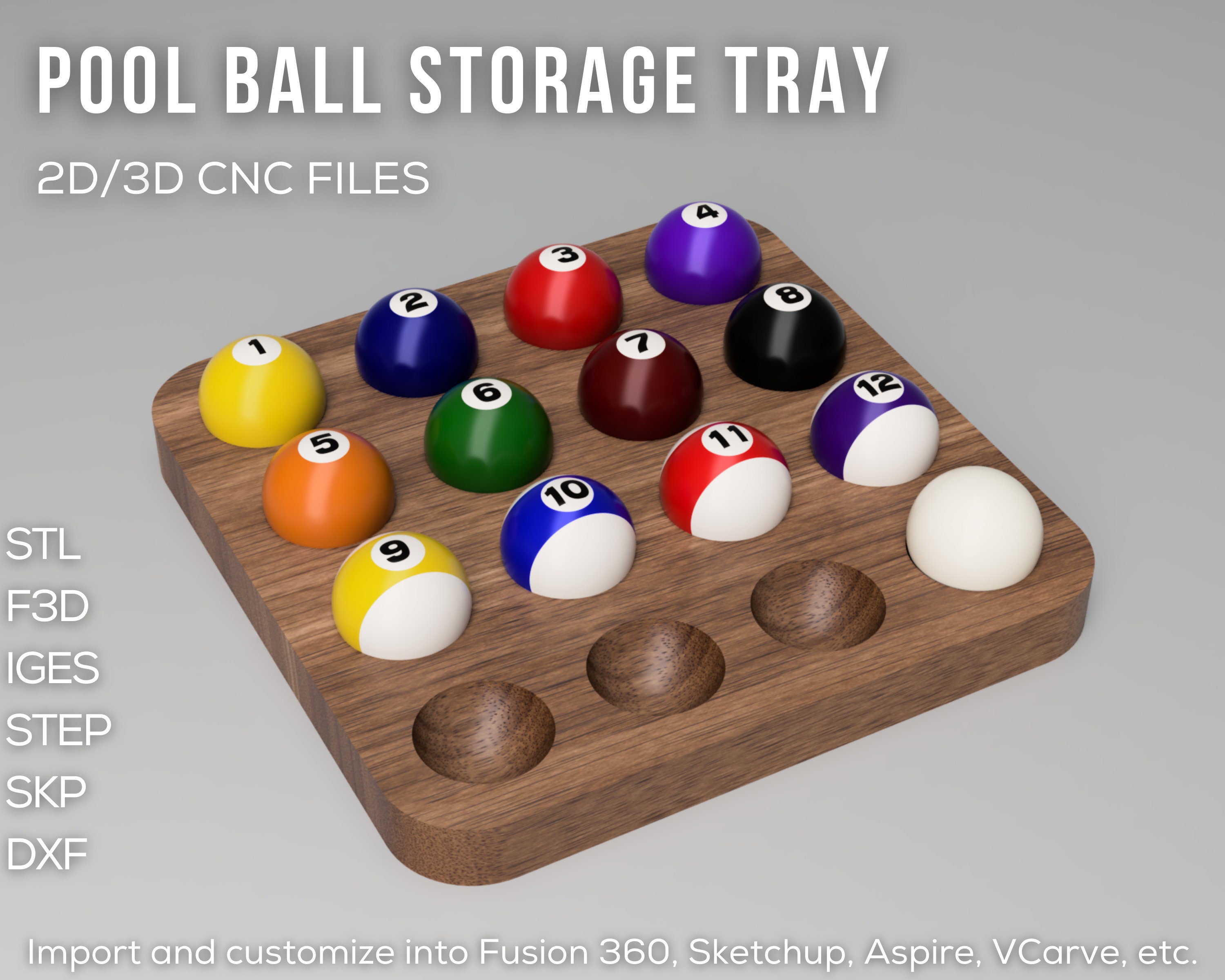 Pool Balls Storage Tray 3D CAD Files Stl Step F3d Skp Iges Dxf Instant