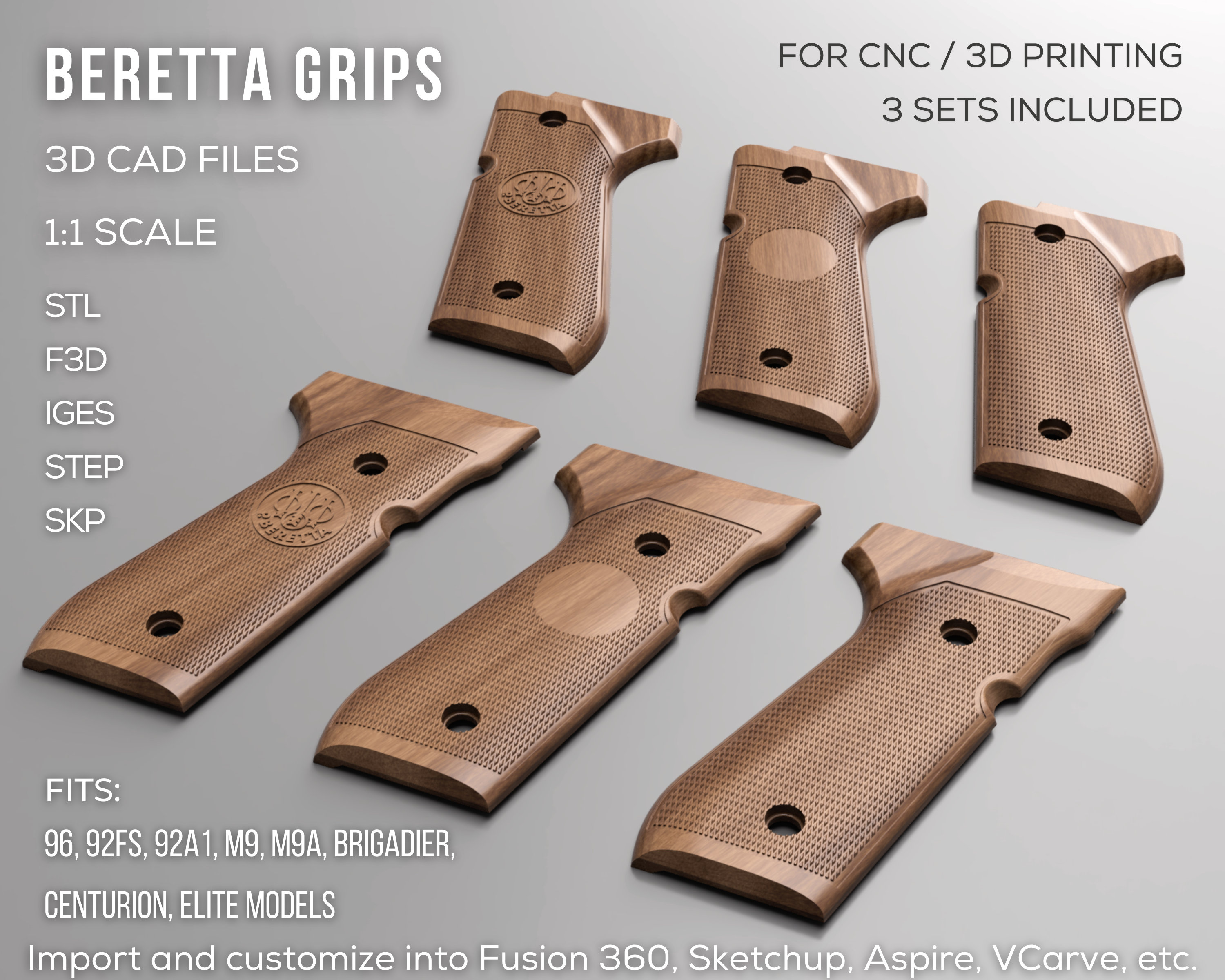 Beretta 92FS / 96 Grips 3D CAD Files Bundle Stl Step Skp F3d Iges 11 Scale Instant Download 3D