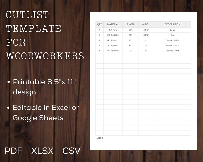 Simple Lumber Cutlist Template for Woodworkers PDF XLSX CSV Files