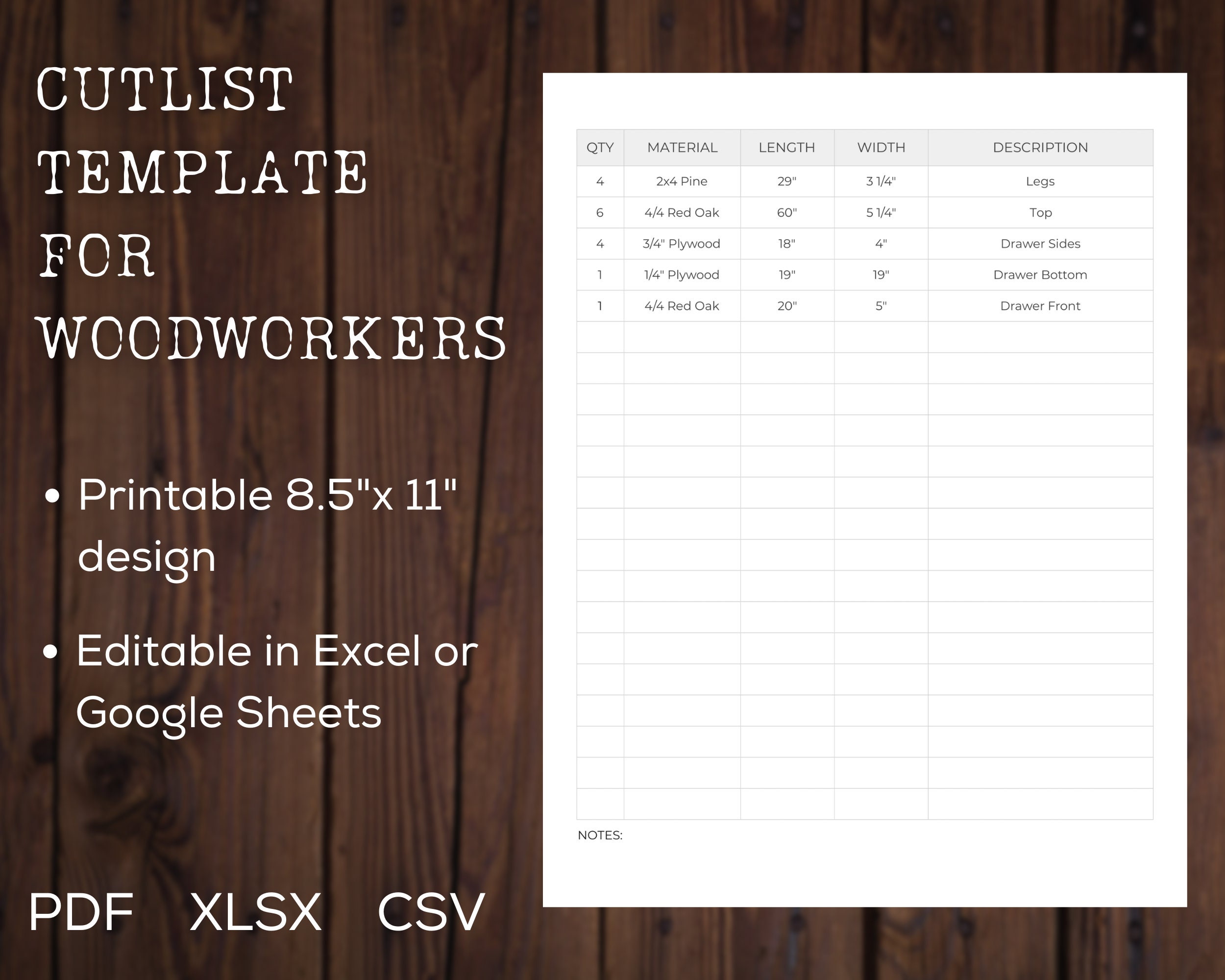 Simple Lumber Cutlist Template for Woodworkers PDF XLSX CSV Files
