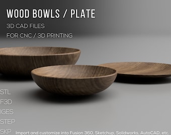 Wood Bowls and Plate 3D CAD Files | stl step f3d skp iges | Instant Download | Wooden Dishes | CNC Woodworking | 3D Printing