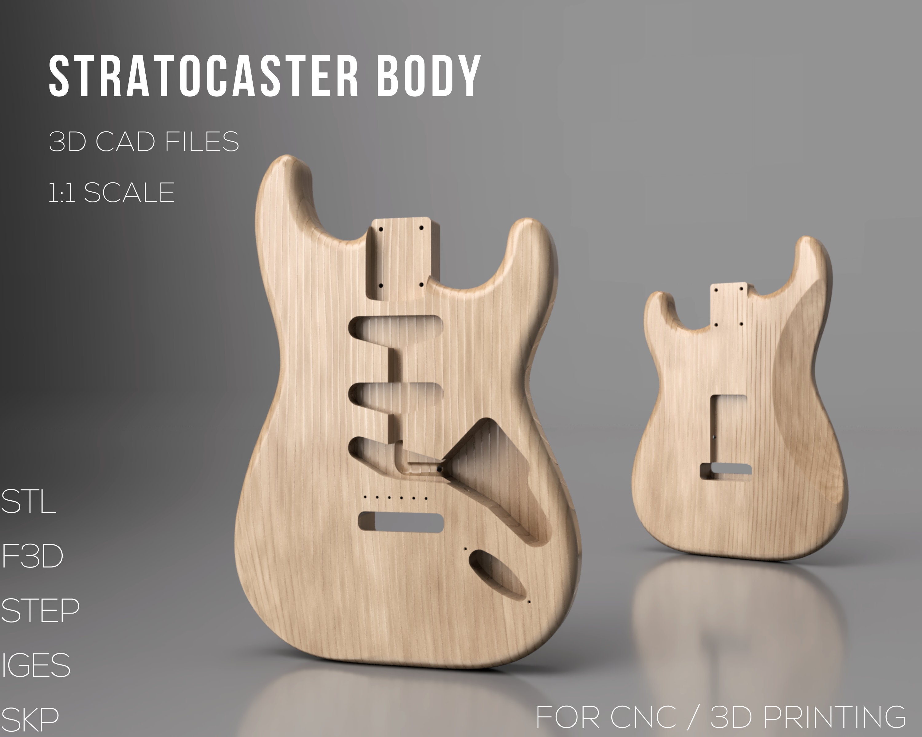 Fender Stratocaster Body 3D CAD Files Stl Step Skp F3d 3mf 1:1 Scale CNC  Cut Files 3D Printing Guitar Build Woodworking Plan 
