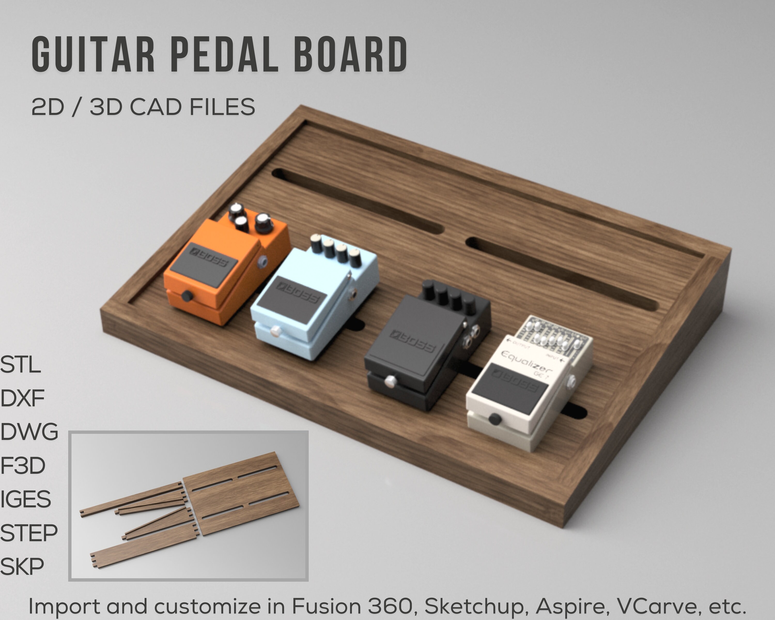 Wood Guitar Pedal Board 3D CAD Files Stl F3d Dxf Dwg Iges Skp Step