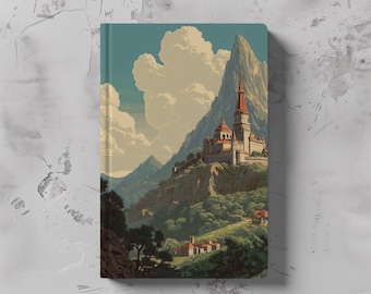 May include: A hardcover notebook featuring a landscape illustration of a castle atop a mountain. The artwork depicts a castle with a red-roofed tower, set against a backdrop of mountains, clouds, and trees. The color palette includes shades of green, brown, and blue.