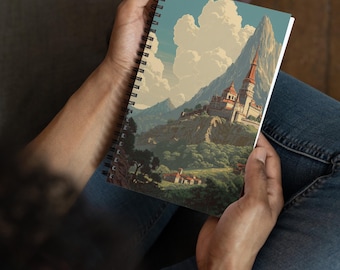 Cuaderno espiral con diseño de castillo de montaña encantado, diario de paisajes fantásticos, planificador rayado de regalo gótico medieval, libro de arte de cuentos de hadas