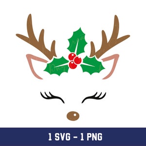 Girl Reindeer Face SVG PNG: Christmas Holly Design (Digital Download)