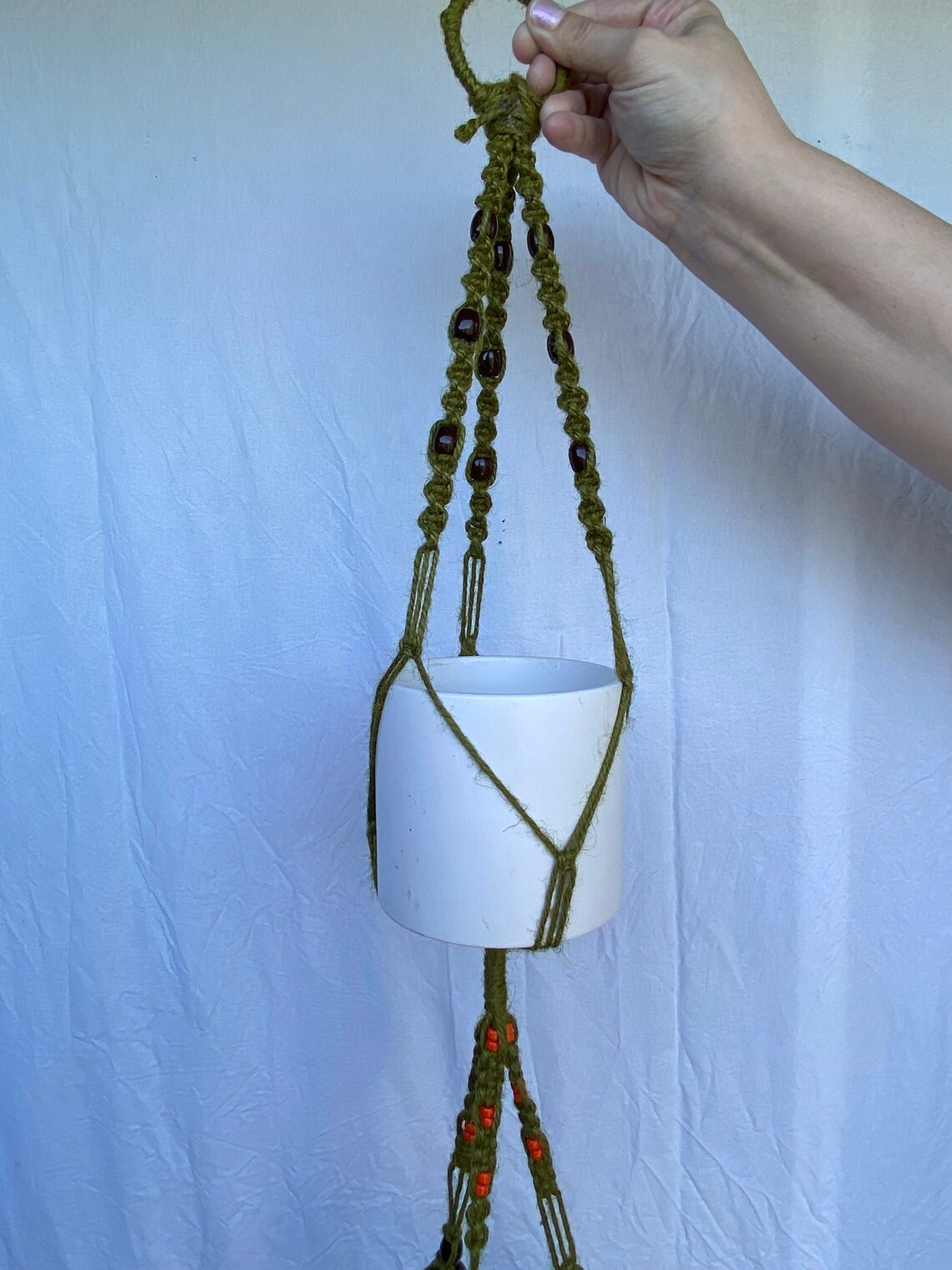 Green Triple Beaded Plant Hanger with Mushroom Beads Etsy