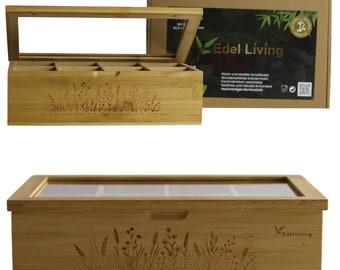 Edel Living Premium Bambus Teebox mit Kräuter Gravur, Teebeutel Aufbewahrungsbox, 8 Fächer Tee-Organizer, Magnetverschluss