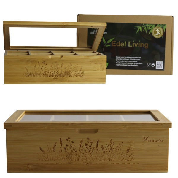 Edel Living Premium Bambus Teebox mit Kräuter Gravur, Teebeutel Aufbewahrungsbox, 8 Fächer Tee-Organizer, Magnetverschluss