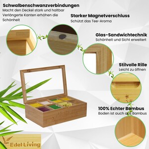 Edel Living Premium Bambus Teebox mit Kräuter Gravur, Teebeutel Aufbewahrungsbox, 8 Fächer Tee-Organizer, Magnetverschluss Bild 5