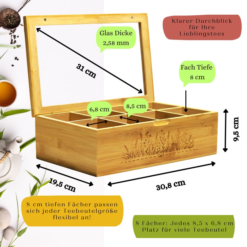 Edel Living Premium Bambus Teebox mit Kräuter Gravur, Teebeutel Aufbewahrungsbox, 8 Fächer Tee-Organizer, Magnetverschluss Bild 3