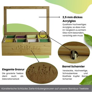 Edel Living Premium Bambus Teebox mit Kräuter Gravur, Teebeutel Aufbewahrungsbox, 8 Fächer Tee-Organizer, Magnetverschluss Bild 2