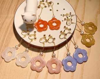 Floral Acrylic Earrings with Japanese Cotton Pearls, Clip on Earrings, Gift for Her