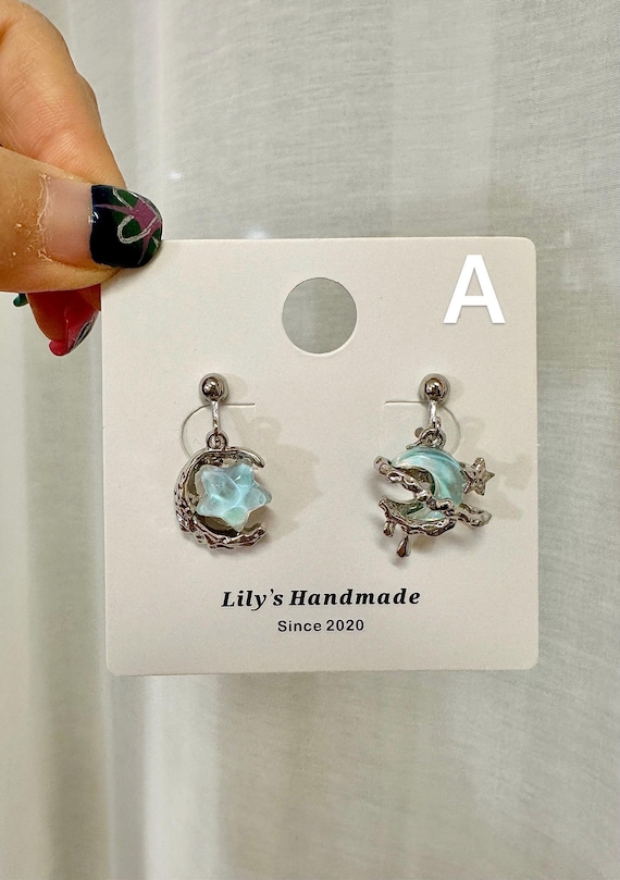 Y2K Earrings, Shiny Star Earrings, Clip on and Hook Earrings, Star and Moon, Cute Earrings, Dreamy Gemstone Earrings, Gift for Her