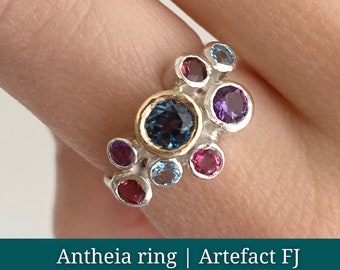 Multi gemstone, sterling silver cluster ring with a touch of gold.  Multi-coloured natural gemstones.  Gift for her