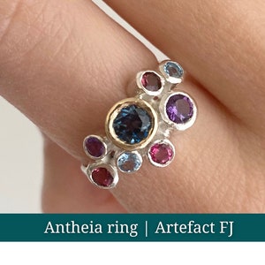 Multi gemstone, sterling silver cluster ring with a touch of gold. Multi-coloured natural gemstones. Gift for her image 1