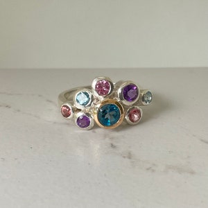 Multi gemstone, sterling silver cluster ring with a touch of gold. Multi-coloured natural gemstones. Gift for her image 2