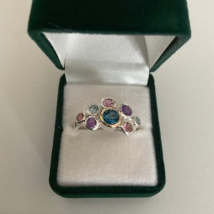 Multi gemstone, sterling silver cluster ring with a touch of gold. Multi-coloured natural gemstones. Gift for her image 8