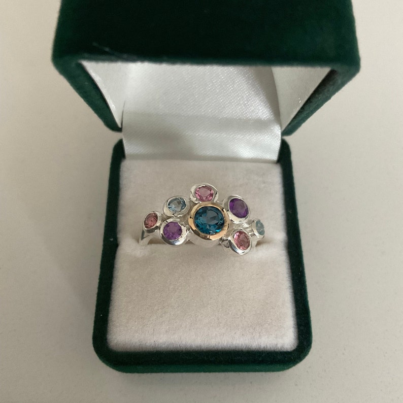 Multi gemstone, sterling silver cluster ring with a touch of gold. Multi-coloured natural gemstones. Gift for her image 8