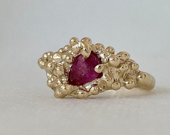 9ct Solid gold ruby ring in a unique, organic, molten style.  Pear shaped ruby ring.  Gift for her.