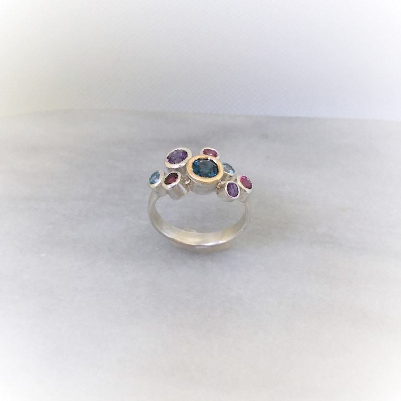Multi gemstone, sterling silver cluster ring with a touch of gold. Multi-coloured natural gemstones. Gift for her image 5