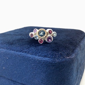 Multi gemstone, sterling silver cluster ring with a touch of gold. Multi-coloured natural gemstones. Gift for her image 6