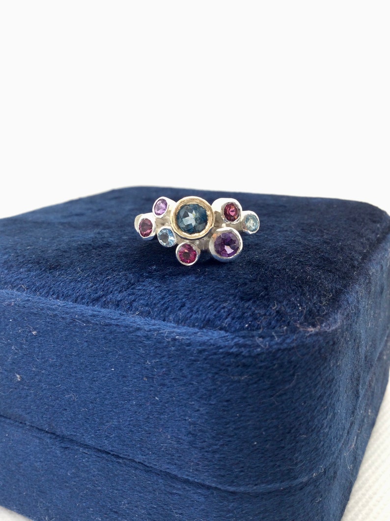 Multi gemstone, sterling silver cluster ring with a touch of gold. Multi-coloured natural gemstones. Gift for her image 6