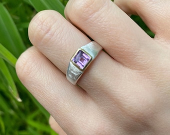 Square amethyst set in 9ct gold.  Signet style ring with a brushed silver ring band. Gift for him or for her.