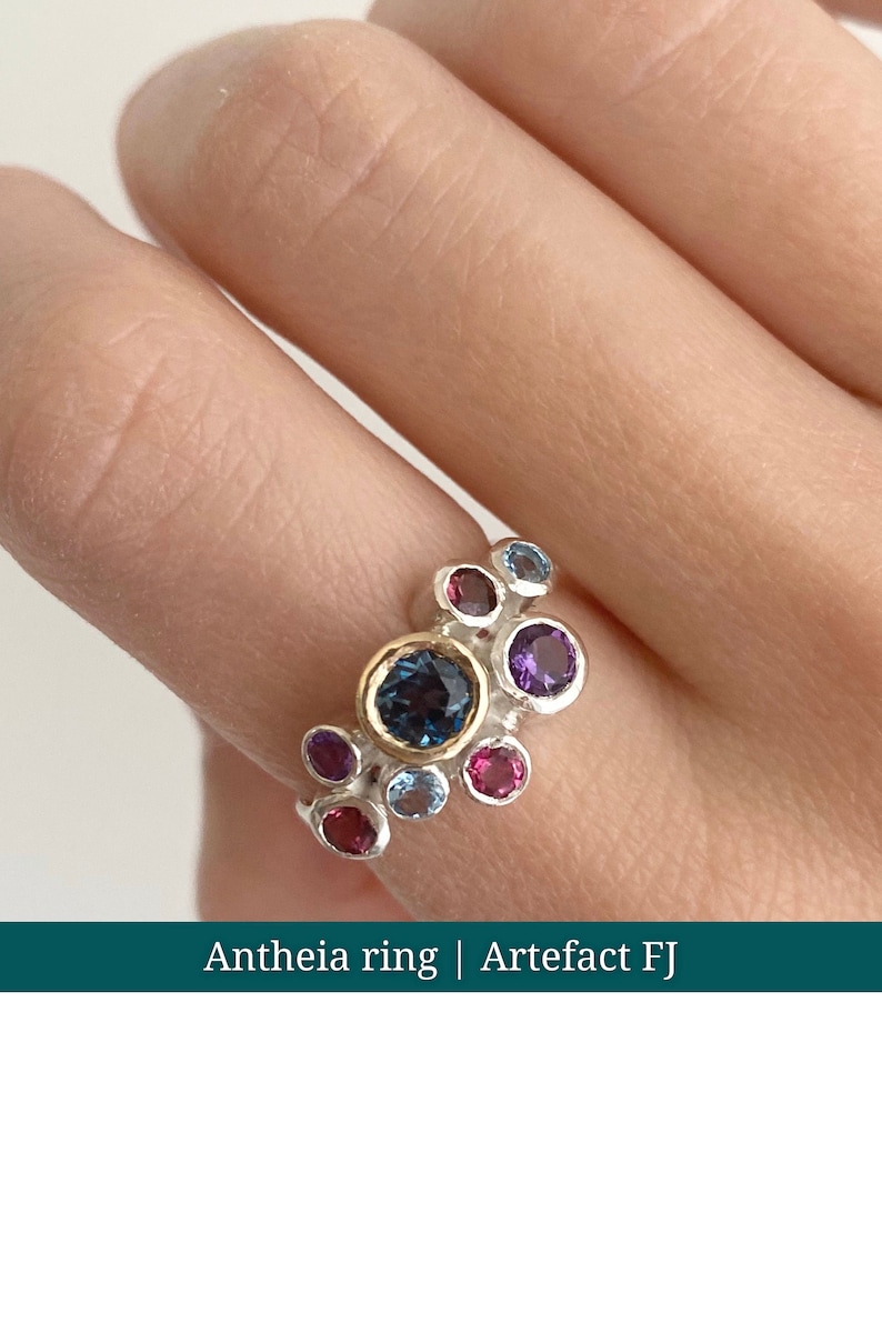Multi gemstone, sterling silver cluster ring with a touch of gold. Multi-coloured natural gemstones. Gift for her image 1