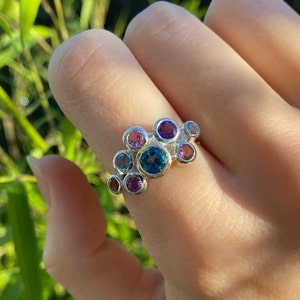 Multi gemstone, sterling silver cluster ring with a touch of gold. Multi-coloured natural gemstones. Gift for her image 3