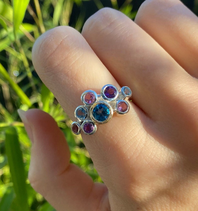 Multi gemstone, sterling silver cluster ring with a touch of gold. Multi-coloured natural gemstones. Gift for her image 3