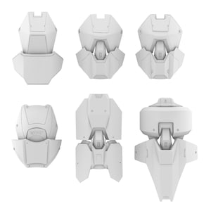 May include: A collection of six white, matte-finished armor components featuring geometric, angular designs. One piece displays the embossed text ODST. The items are arranged in two rows, showcasing various segmented plates, joints, and protective plating.