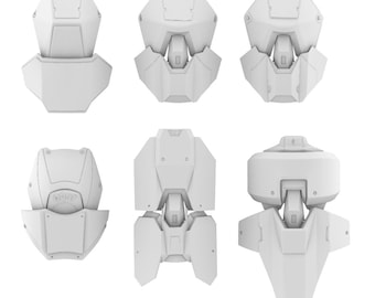 May include: A collection of six white, matte-finished armour components featuring geometric, angular designs. One piece displays the embossed text ODST. The items are arranged in two rows, showcasing various segmented plates, joints, and protective plating.