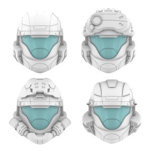 Puede incluir: Cuatro cascos futuristas blancos con viseras turquesas se muestran sobre un fondo blanco. Cada casco tiene un diseño único, con variaciones en los detalles superiores y laterales. Los cascos parecen ser modelos o renders 3D.