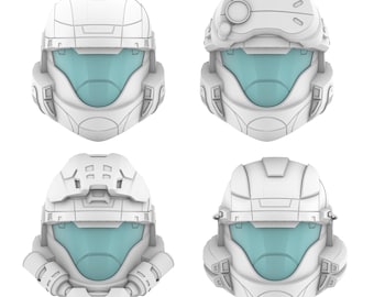 May include: Four white futuristic helmets with teal visors are displayed against a white background. Each helmet has a unique design, with variations in the top and side details. The helmets appear to be 3D models or renderings.