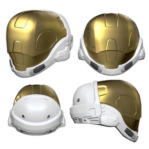 May include: Four views of a gold and white helmet. The helmet has a gold visor and a white frame. The helmet has a smooth, metallic finish. The helmet is likely for cosplay or a costume.