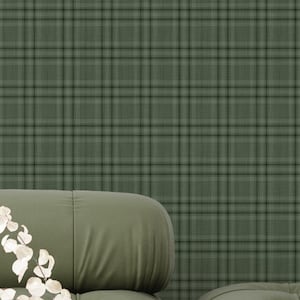 Green Plaid Farmhouse Wallpaper - Gingham Peel and Stick Check Pattern Wall Mural S138
