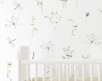Meadow Wildflower Peel and Stick Wallpaper - Dragonfly Floral Pastel Botanical Garden Wall Mural S069