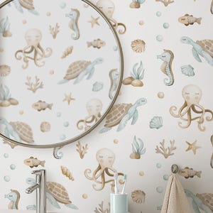 Beige Sea Creatures Peel and Stick Wallpaper - Sea Animals Nursery Ocean Wall Mural S098
