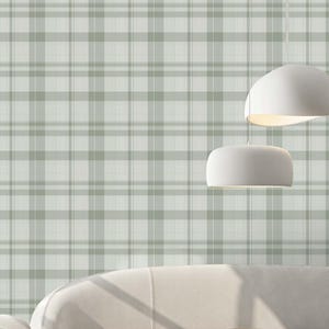 Sage Green Plaid Wallpaper - Checkered Print Removable - Gingham Farmhouse Style Wall Mural S010