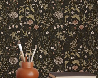 Dark Cottagecore Floral Wallpaper - Vintage Wildflower Botanical Peel and Stick Wall Mural S142