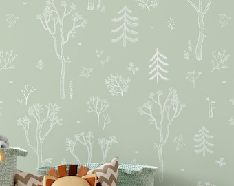 Sage Green Woodland Nursery Wallpaper - Minimal Forest Trees Peel and Stick Wall Mural S048