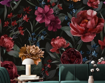 Dark Floral Flowers Peel and Stick Wall Mural – Peony Red Botanical Moody Wallpaper SM027