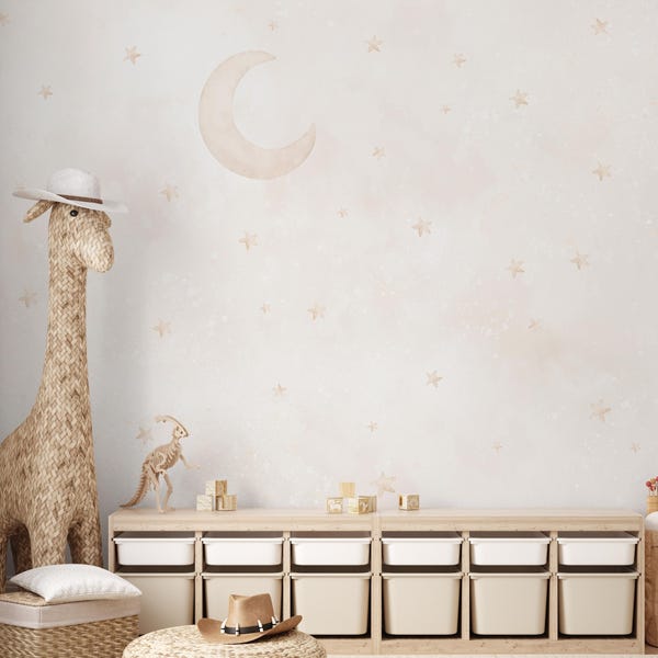 Beige Moon Stars Nursery Wall Mural - Pastel Watercolor Celestial Peel and Stick Wallpaper SM073