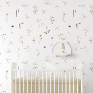Colored Wildflowers Peel & Stick Wallpaper - Delicate Floral Removable Wallcover - Pastel Botanical Garden Self Adhesive Wall Mural S069