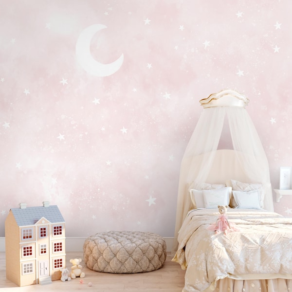 Pastel Pink Moon Stars Wall Mural - Watercolor Celestial Nursery Peel and Stick Wallpaper SM075