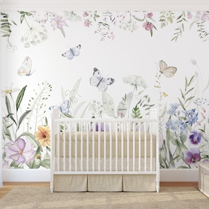 Wildflowers and Butterflies Peel & Stick Wall Mural - Flowers Meadow Removable Wallcover - Botanical Garden Self Adhesive Wallpaper SM041