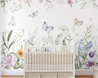 Wildflowers and Butterflies Peel & Stick Wall Mural - Flowers Meadow Removable Wallcover - Botanical Garden Self Adhesive Wallpaper SM041