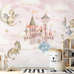 Pink Sky Dragons Castle Peel & Stick Wall Mural - Cartoon Watercolor Pattern Removable Wallcover - Kid Nursery Self Adhesive Wallpaper SM036