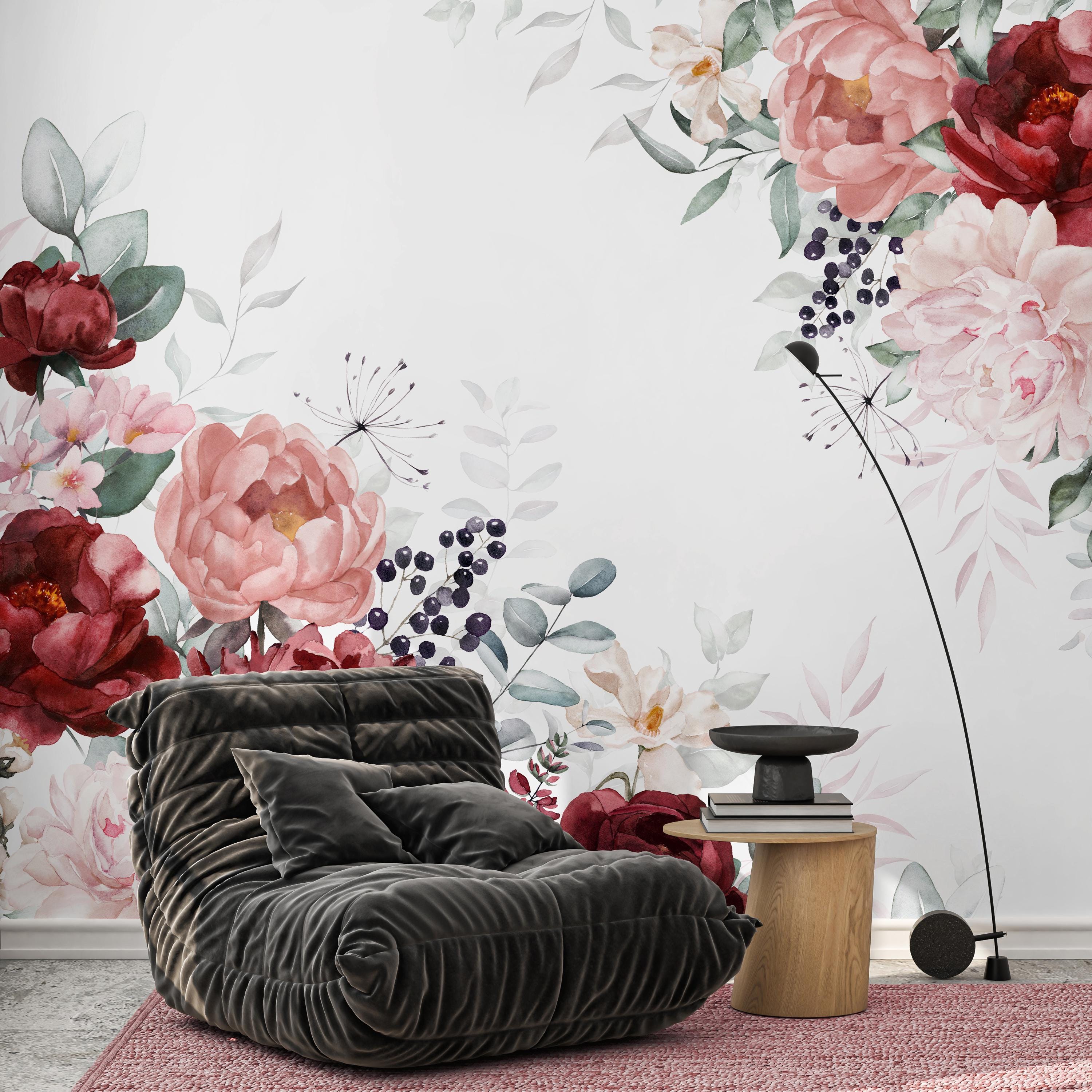 Pink Burgundy Flowers Bouquet Peel & Stick Wall Mural - Elegant Floral Removable Wallcover - Botanical Garden Self Adhesive Wallpaper SM028